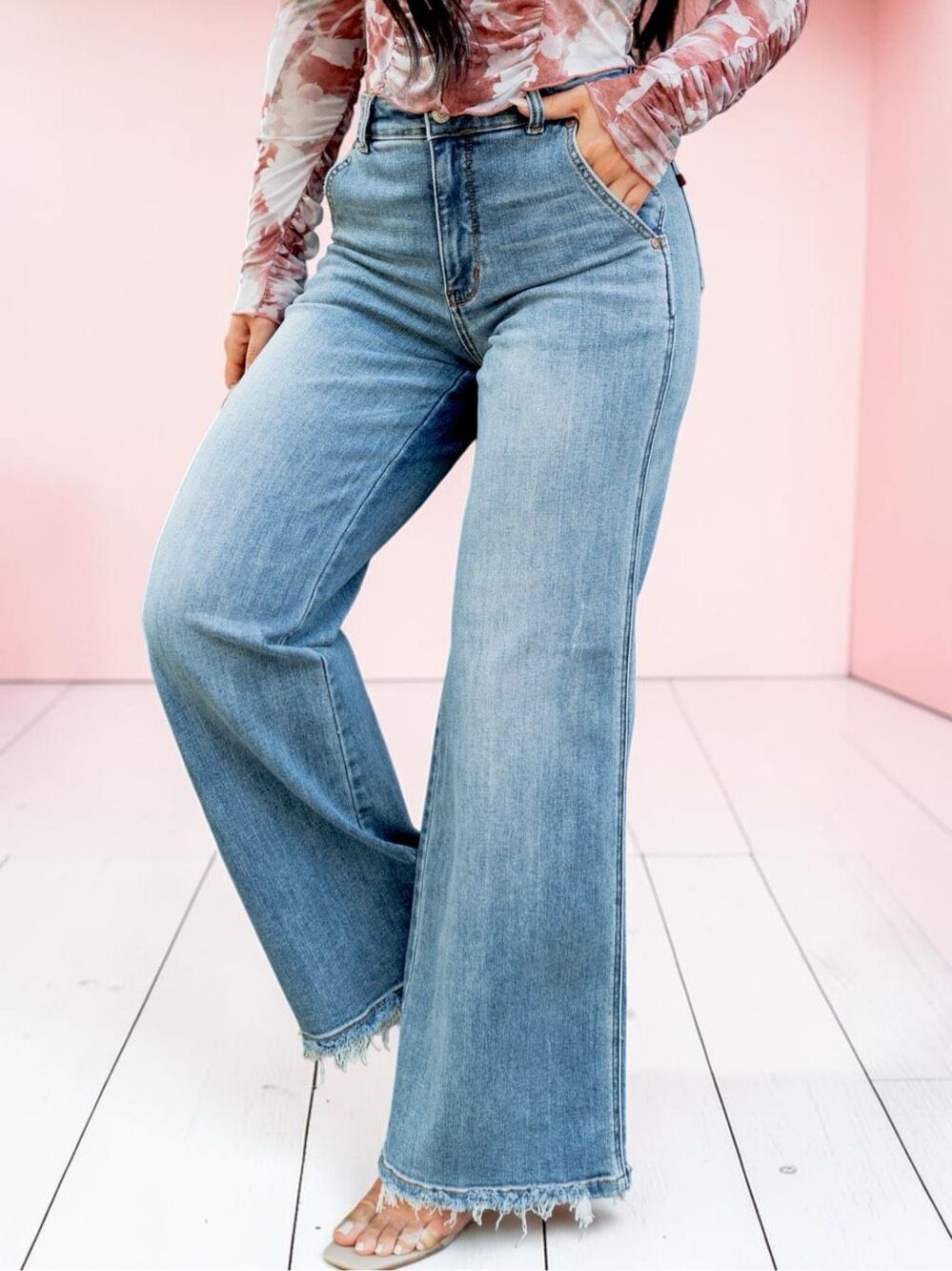 Judy Blue High Rise Retro Wide Leg Jeans Medium Sage Wash Raw Hem Stretch Denim - Picture 2 of 15